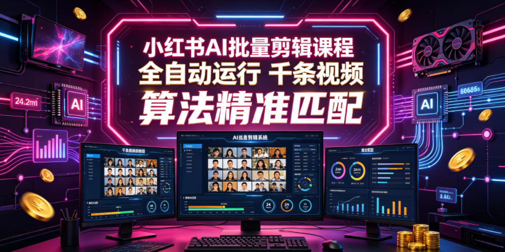 小红书AI批量剪辑课程,24小时全自动运行,解放双手专注运营,千条视频批量处理,小红书算法精准匹配-二当家网创资源站