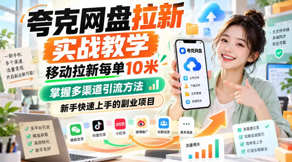 夸克网盘拉新实战教学,移动拉新每单10米,掌握多渠道引流方法,新手快速上手的副业项目-二当家网创资源站