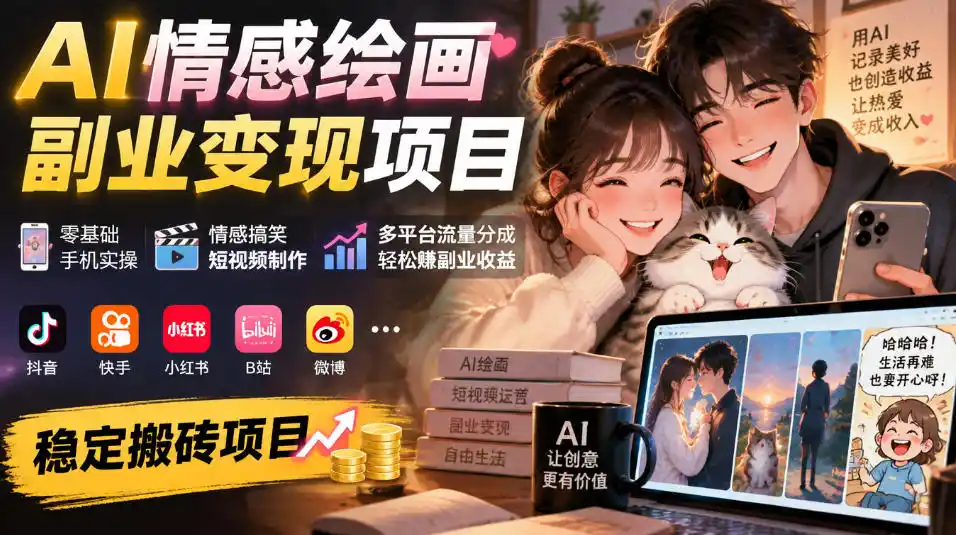AI情感绘画副业变现项目｜零基础手机实操，情感搞笑短视频制作，多平台流量分成轻松賺副业收益-二当家网创资源站