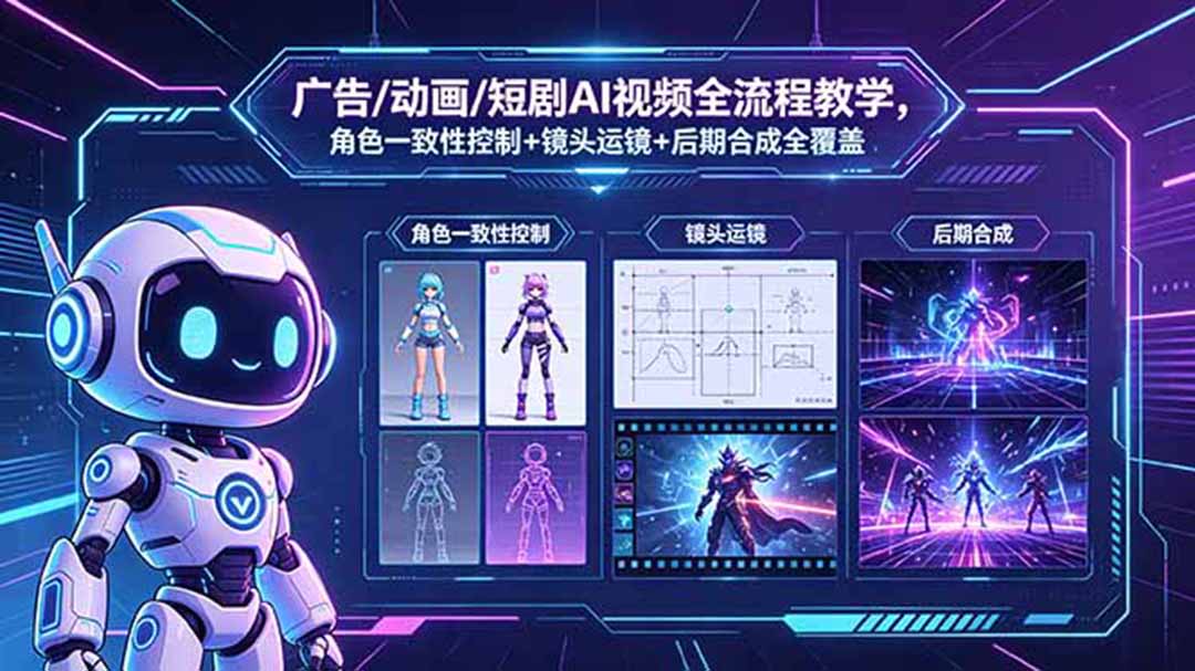 广告/动画/短剧AI视频全流程教学,角色一致性控制+镜头运镜+后期合成全覆盖-二当家网创资源站