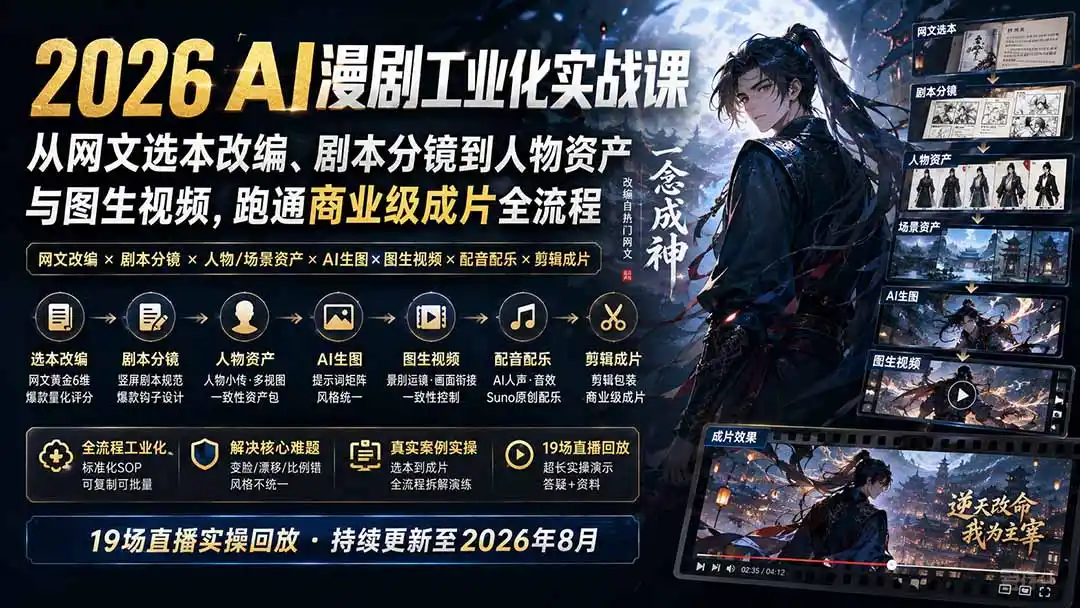 2026 AI漫剧工业化实战课-更新：从网文选本改编、剧本分镜到人物资产与图生视频，跑通商业级成片全流程-二当家网创资源站