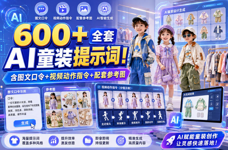 600+全套AI童装提示词!含图文口令+视频动作指令+配套参考图,Word-Excel规整分类,童装电商、种草无脑量产内容!-二当家网创资源站