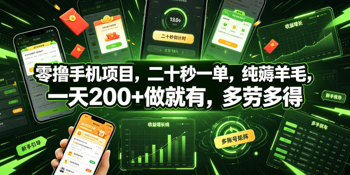 零撸手机项目，二十秒一单，纯薅羊毛，一天200+做就有，多劳多得【揭秘】-二当家网创资源站