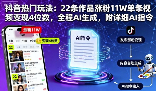 抖音热门玩法：22条作品涨粉11W单条视频变现4位数，全程AI生成，附详细AI指令-二当家网创资源站