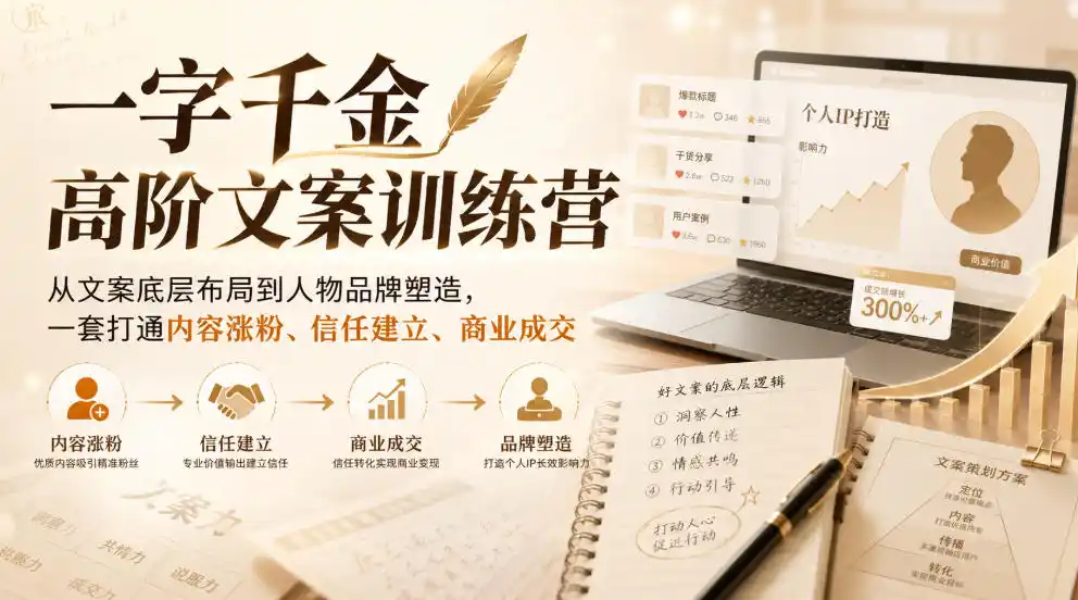 一字千金高阶文案训练营，从文案底层布局到人物品牌塑造，一套打通内容涨粉、信任建立、商业成交-二当家网创资源站