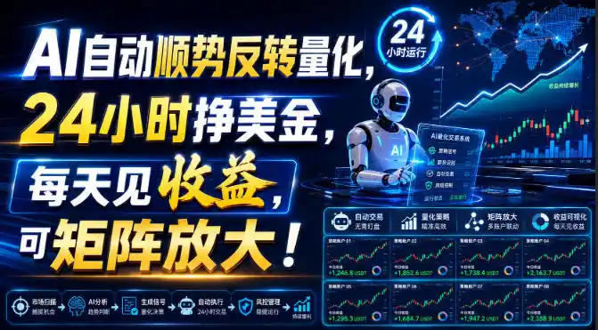 AI自动顺势反转量化,24小时挣美金,每天见收益,可矩阵放大!【揭秘】-二当家网创资源站