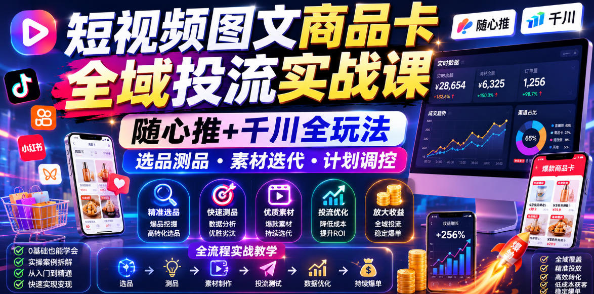 短视频图文商品卡全域投流实战课，随心推+千川全玩法，选品测品・素材迭代・计划调控，提升ROI爆单增收教程-二当家网创资源站