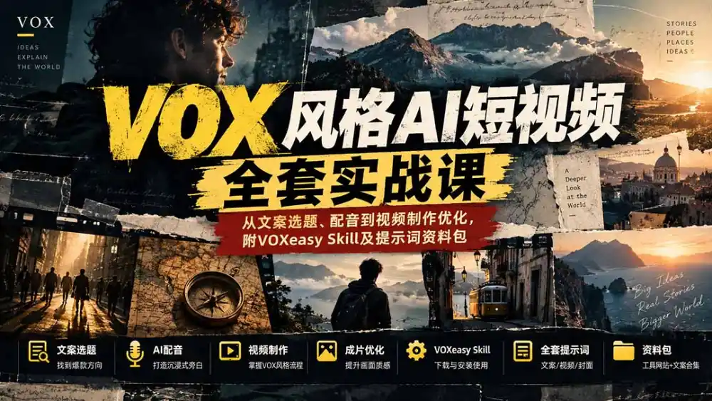 【无水印】VOX风格AI短视频全套实战课:从文案选题、配音到视频制作优化,附VOXeasy Skill及提示词资料包-二当家网创资源站