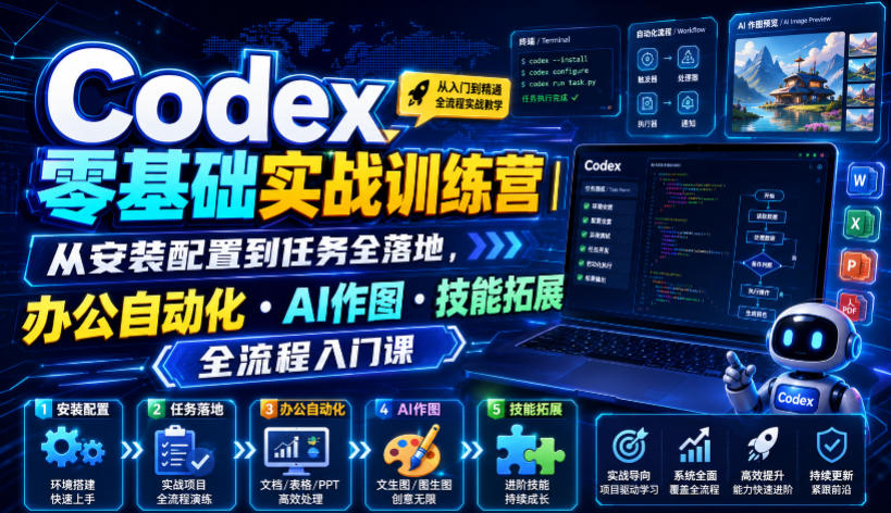 Codex零基础实战训练营｜从安装配置到任务全落地，办公自动化・AI作图・技能拓展全流程入门课-二当家网创资源站