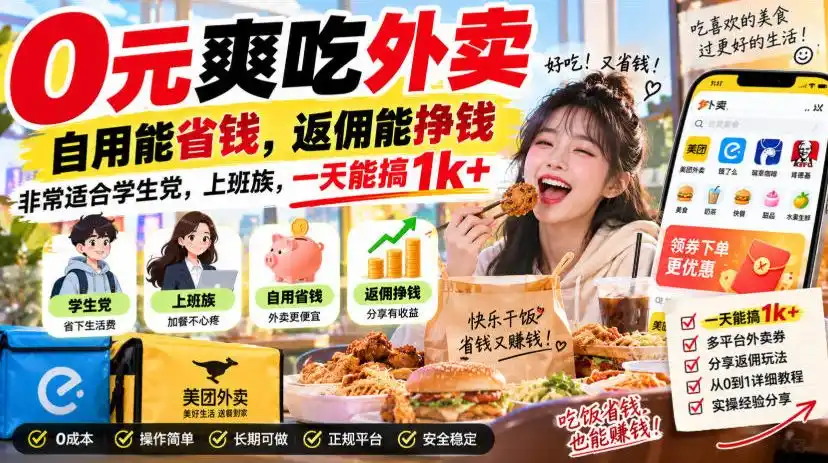 0元爽吃外卖,自用能省钱,返佣能挣钱,非常适合学生党,上班族,一天能搞1k+-二当家网创资源站