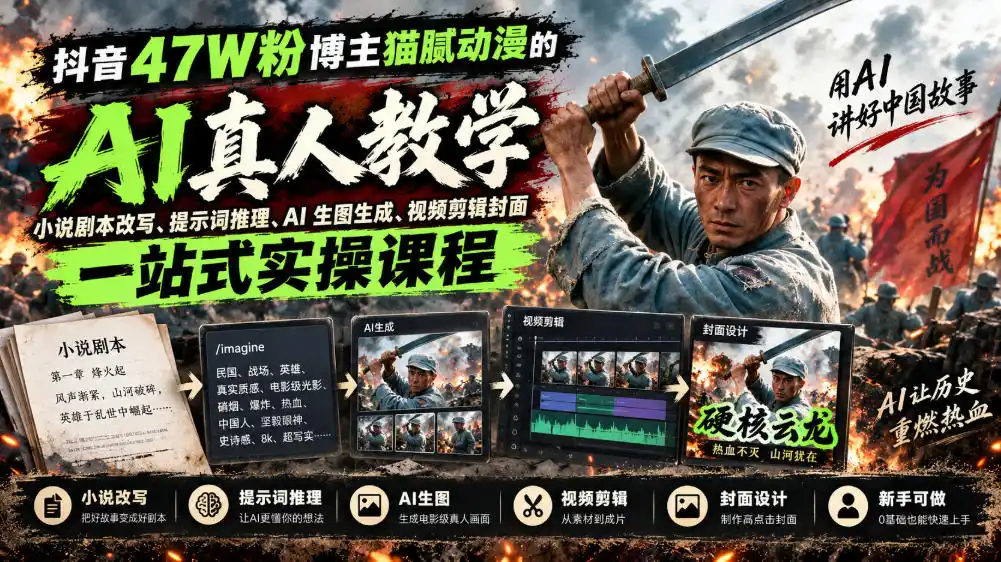 抖音47W粉博主猫腻动漫的AI真人漫剧教学,小说剧本改写、提示词推理、AI生图生成、视频剪辑封面一站式实操课程-二当家网创资源站