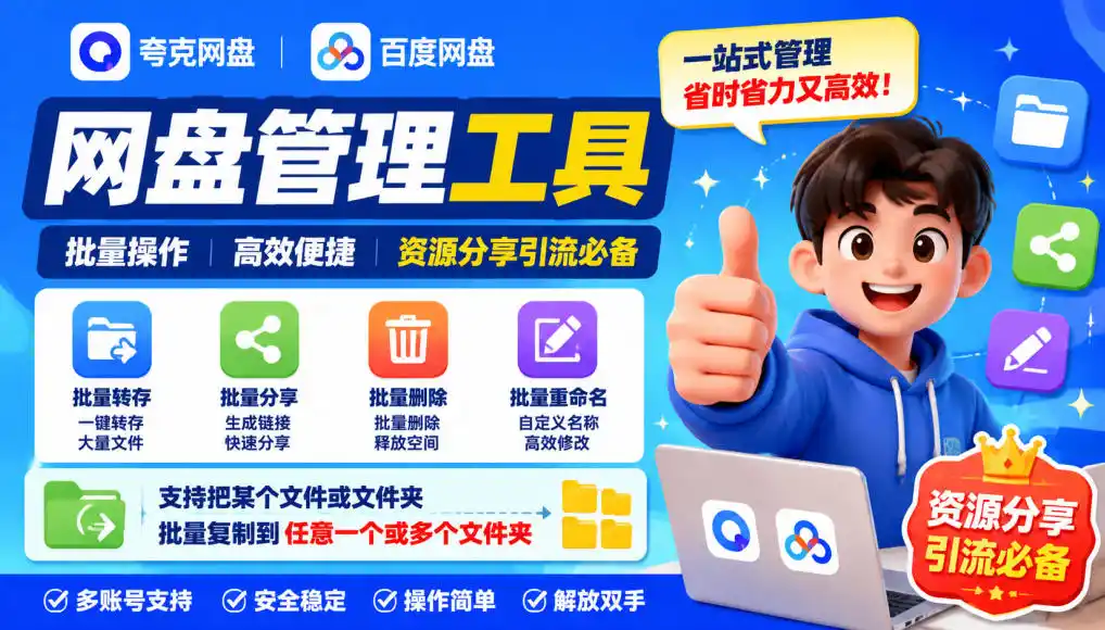 夸克网盘批量文件重命名，批量转存、批量分享、批量复制，内置AI功能-二当家网创资源站