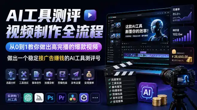 AI工具测评视频制作全流程,从0到1教你做出高完播的爆款视频,做出一个稳定接广告賺钱的AI工具测评号-二当家网创资源站