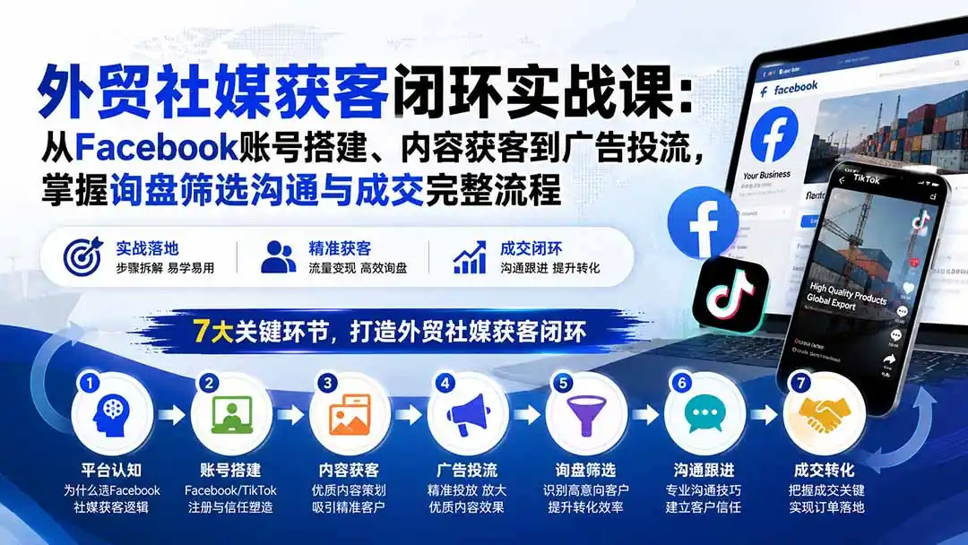外贸社媒获客闭环实战课：从Facebook账号搭建、内容获客到广告投流，掌握询盘筛选沟通与成交完整流程-二当家网创资源站