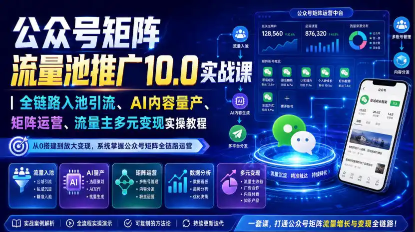 公众号矩阵流量池推广10.0实战课｜全链路入池引流、AI内容量产、矩阵运营、流量主多元变现实操教程-二当家网创资源站