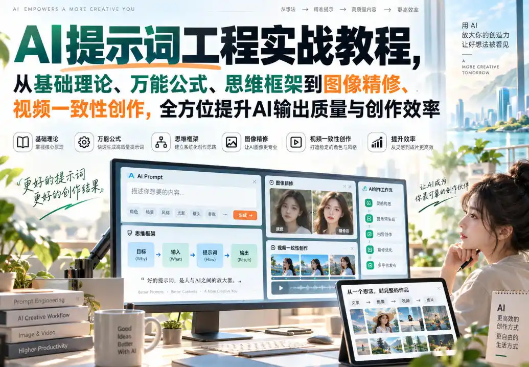 AI提示词工程实战教程，从基础理论、万能公式、思维框架到图像精修、视频一致性创作，全方位提升AI输出质量与创作效率-二当家网创资源站