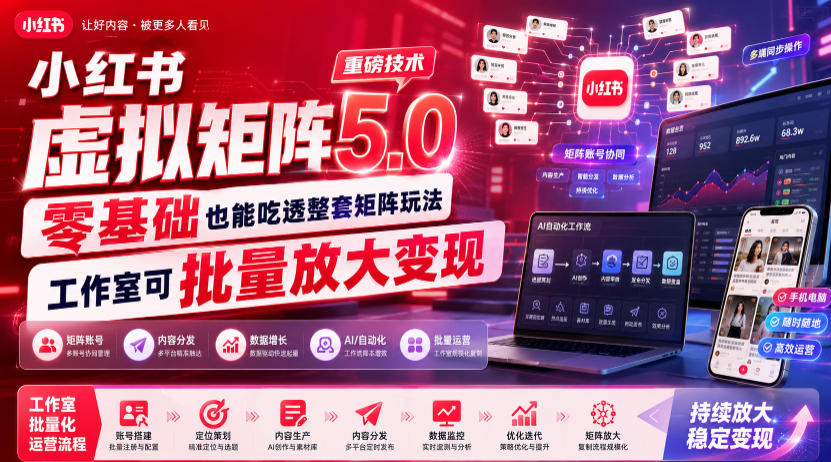 小红书虚拟矩阵5.0重磅技术,零基础也能吃透整套矩阵玩法,工作室可批量放大变现-二当家网创资源站