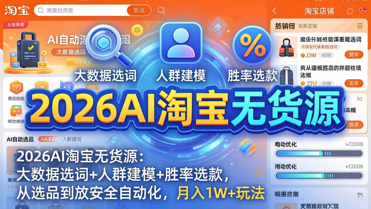 2026AI淘宝无货源:大数据选词+人群建模+胜率选款,从选品到放大全自动化,月入1W+玩法-二当家网创资源站