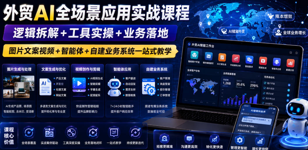 外贸AI全场景应用实战课程｜逻辑拆解+工具实操+业务落地，图片文案视频+智能体+自建业务系统一站式教学-二当家网创资源站