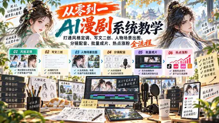 从零到一AI漫剧系统教学,打通风格定调、写文二创、人物场景出图、分镜配音、批量成片、热点涨粉全流程-二当家网创资源站