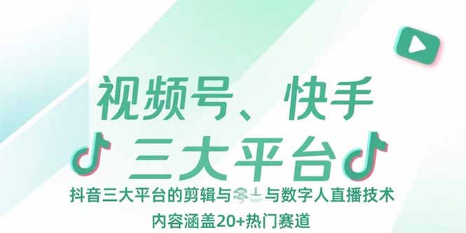 视频号、快手、抖音三大平台的剪辑与数字人直播技术，内容涵盖20+热门赛道-二当家网创资源站