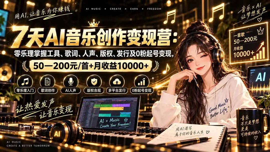 AI音乐创作变现营：零乐理掌握工具、歌词、人声、版权、发行及0粉起号变现，50—200元/首+月收益10000+-二当家网创资源站