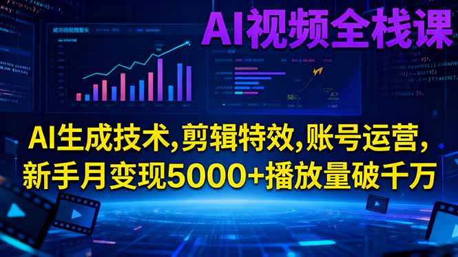 AI视频全栈课:AI生成技术,剪辑特效,账号运营,新手月变现5000+播放量破千万-二当家网创资源站