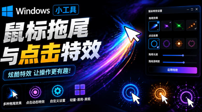 Windows特效小工具！一键给你的鼠标添加拖尾与点击动态特效，吾爱出品，免费使用Mouse Trail-二当家网创资源站
