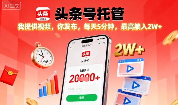 【头条号托管】我提供视频，你发布，每天5分钟，最高躺入2W+【揭秘】-二当家网创资源站
