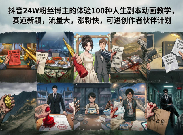 抖音24W粉丝博主的体验100种人生副本动画教学，赛道新颖，流量大，涨粉快，可进创作者伙伴计划-二当家网创资源站