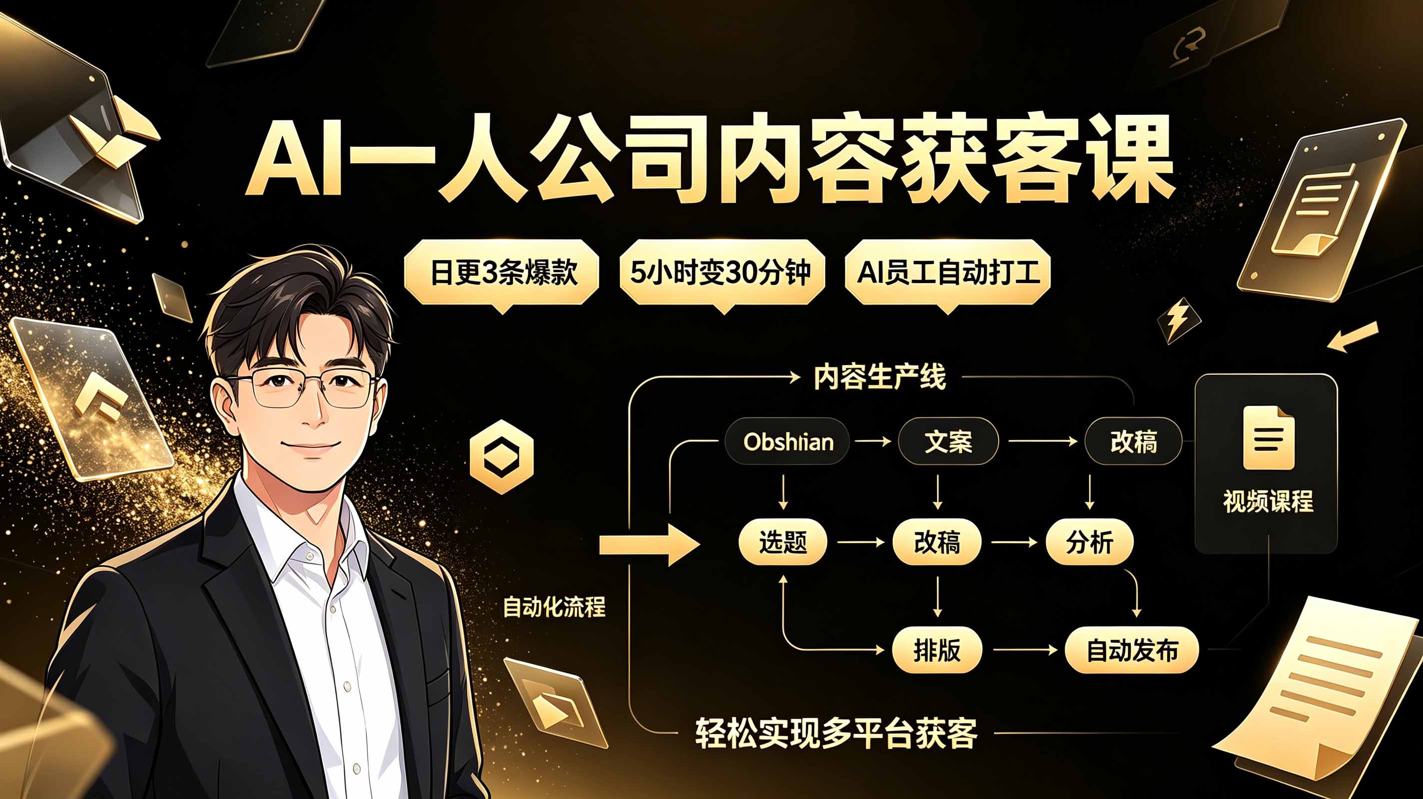 AI一人公司内容获客课：日更3条爆款×5小时变30分钟×AI员工自动打工，轻松实现多平台获客-二当家网创资源站