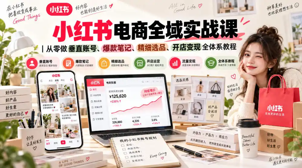 小红书电商全域实战课|从零做垂直账号、爆款笔记、精细选品、开店变现全体系教程-二当家网创资源站