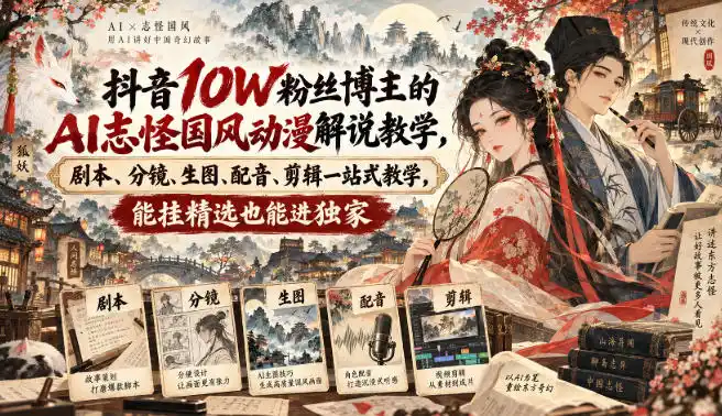 抖音10W粉丝博主满堂诡事的AI志怪国风动漫解说教学，剧本、分镜、生图、配音、剪辑一站式教学，能挂精选也能进独家-二当家网创资源站