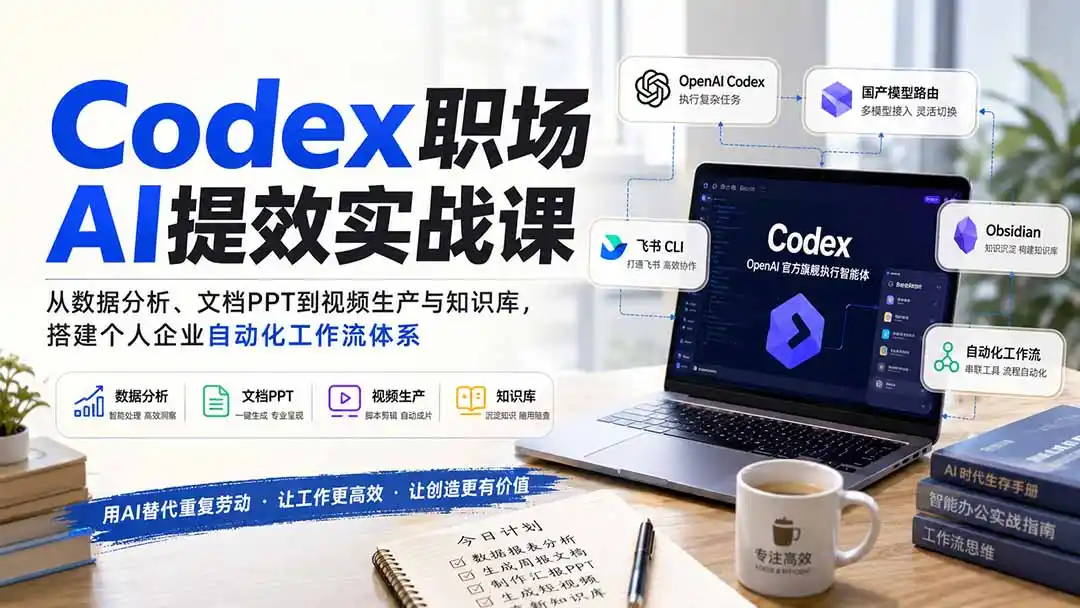 Codex职场AI提效实战课:从数据分析、文档PPT到视频生产与知识库,搭建个人企业自动化工作流体系-二当家网创资源站