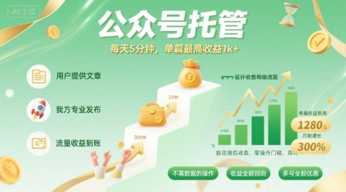 【公众号托管 】我提供文章，你发布，每天5分钟，单篇最高收益1k+【揭秘】-二当家网创资源站