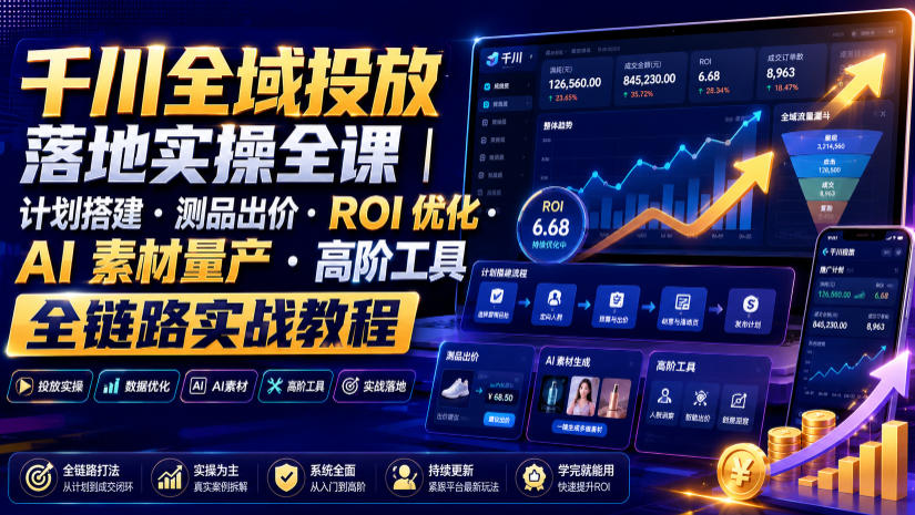 千川全域投放落地实操全课｜计划搭建・测品出价・ROI优化・AI素材量产・高阶工具全链路实战教程-二当家网创资源站