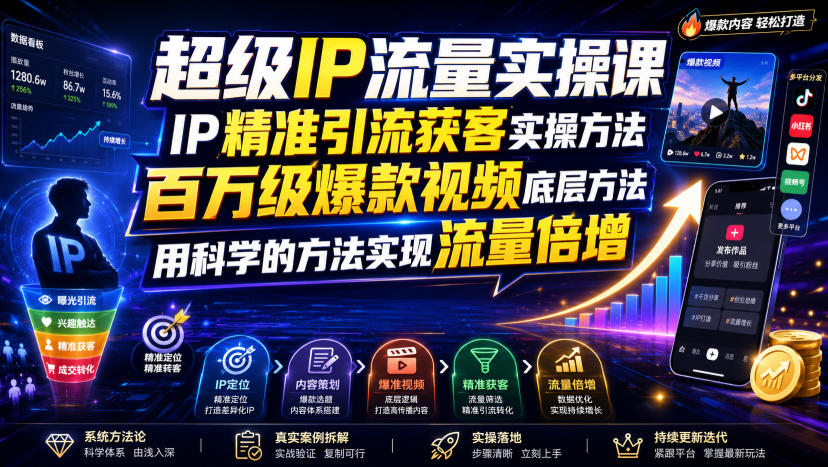 超级IP流量实操课，IP精准引流获客实操方法，百万级爆款视频底层方法，用科学的方法实现流量倍增-二当家网创资源站