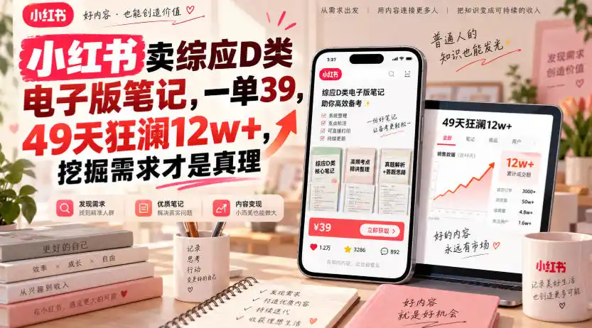 小红书卖综应D类电子版笔记,一单39,49天狂澜12w+,挖掘需求才是真理-二当家网创资源站