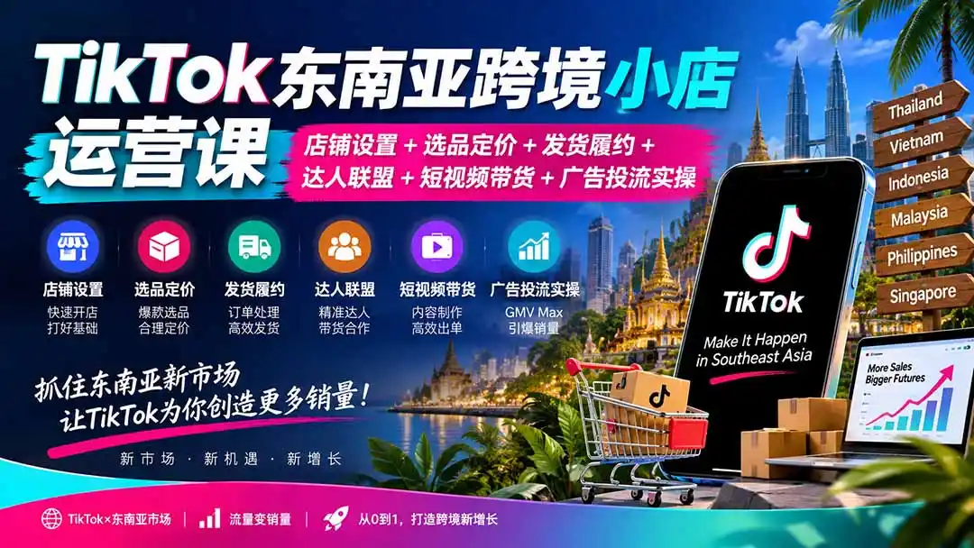 TikTok东南亚跨境小店运营课:店铺设置+选品定价+发货履约+达人联盟+短视频带货+广告投流实操-二当家网创资源站
