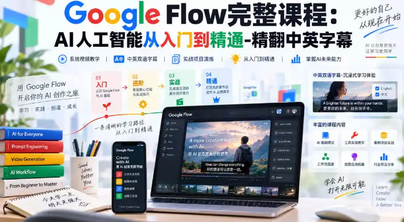 【无水印】Google Flow完整课程:AI人工智能从入门到精通-精翻中英字幕-二当家网创资源站