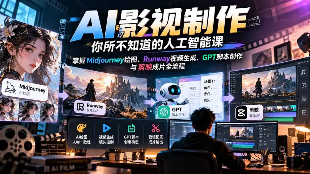 【无水印】AI影视制作-你所不知道的人工智能课,掌握Midjourney绘图、Runway视频生成、GPT脚本创作与剪映成片全流程-二当家网创资源站
