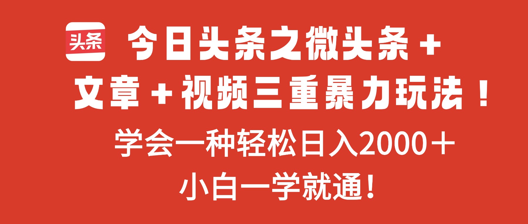 今日头条之微头条＋文章＋视频三重暴力玩法，学会一种轻松日入2000＋，…-二当家网创资源站