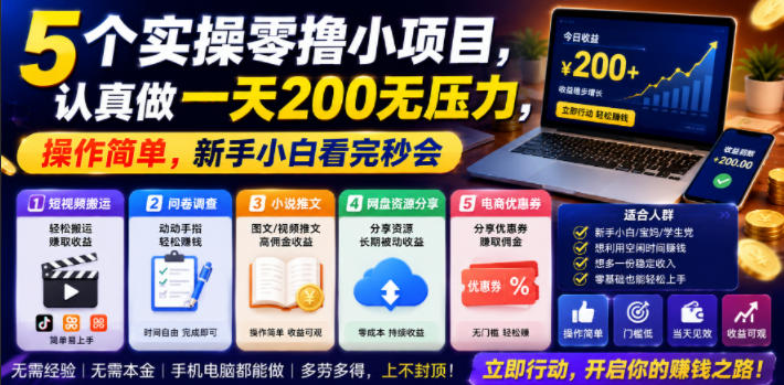 5个实操零撸小项目,认真做一天200无压力,操作简单,新手小白看完秒会【揭秘】-二当家网创资源站