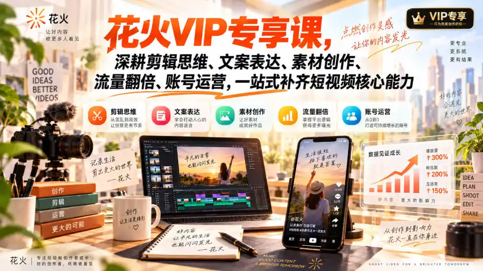 花火VIP专享课,深耕剪辑思维、文案表达、素材创作、流量翻倍、账号运营,一站式补齐短视频核心能力-二当家网创资源站