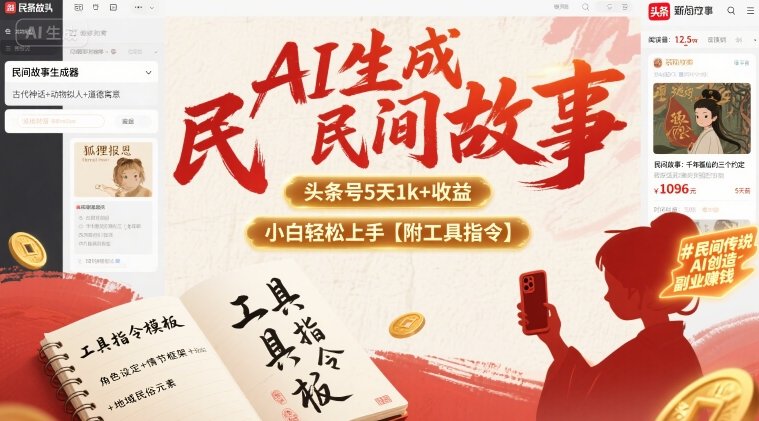 AI生成民间故事，头条号5天1k+，小白轻松上手【附工具指令】-二当家网创资源站