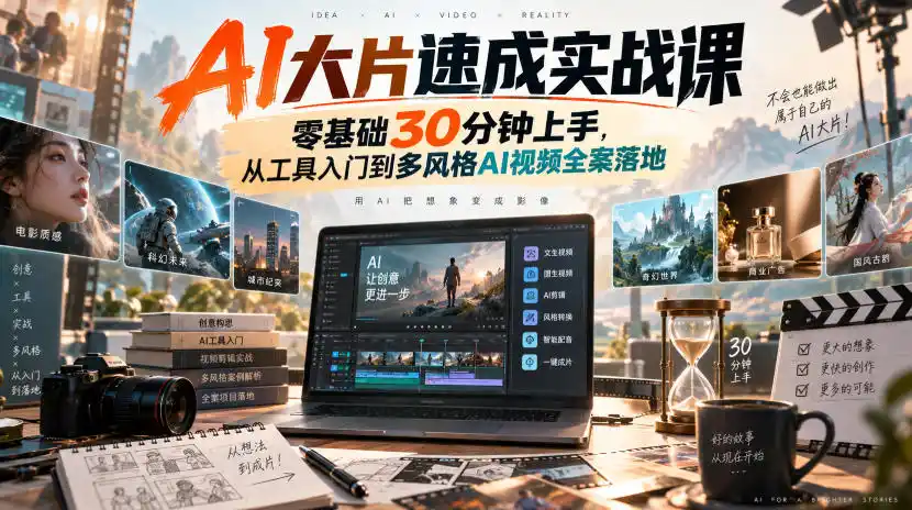 AI大片速成实战课｜零基础30分钟上手，从工具入门到多风格AI视频全案落地-二当家网创资源站