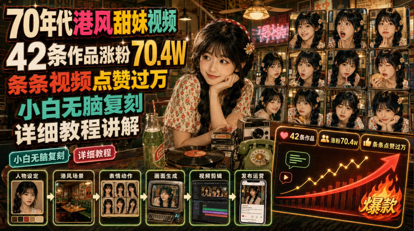 70年代港风甜妹视频，42条作品涨粉70.4W，条条视频点赞过万，小白无脑复刻，详细教程讲解-二当家网创资源站