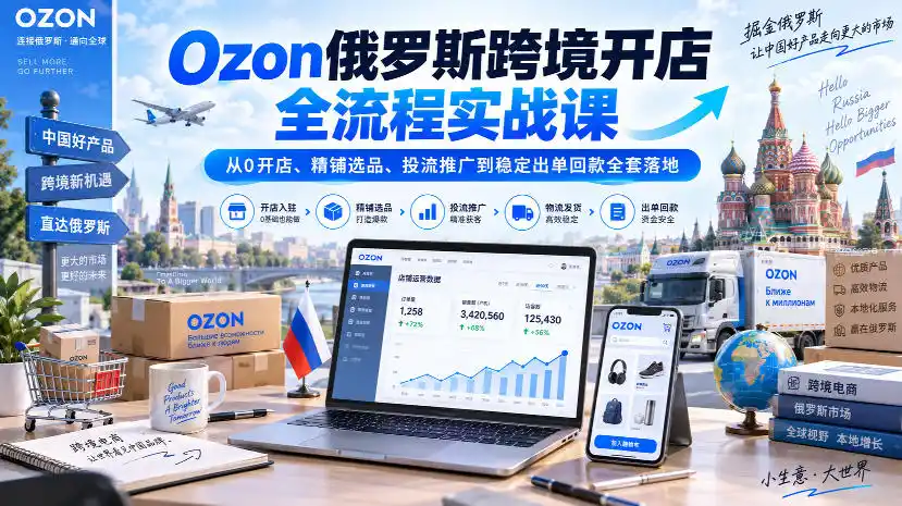 Ozon俄罗斯跨境开店全流程实战课｜从0开店、精铺选品、投流推广到稳定出单回款全套落地-二当家网创资源站