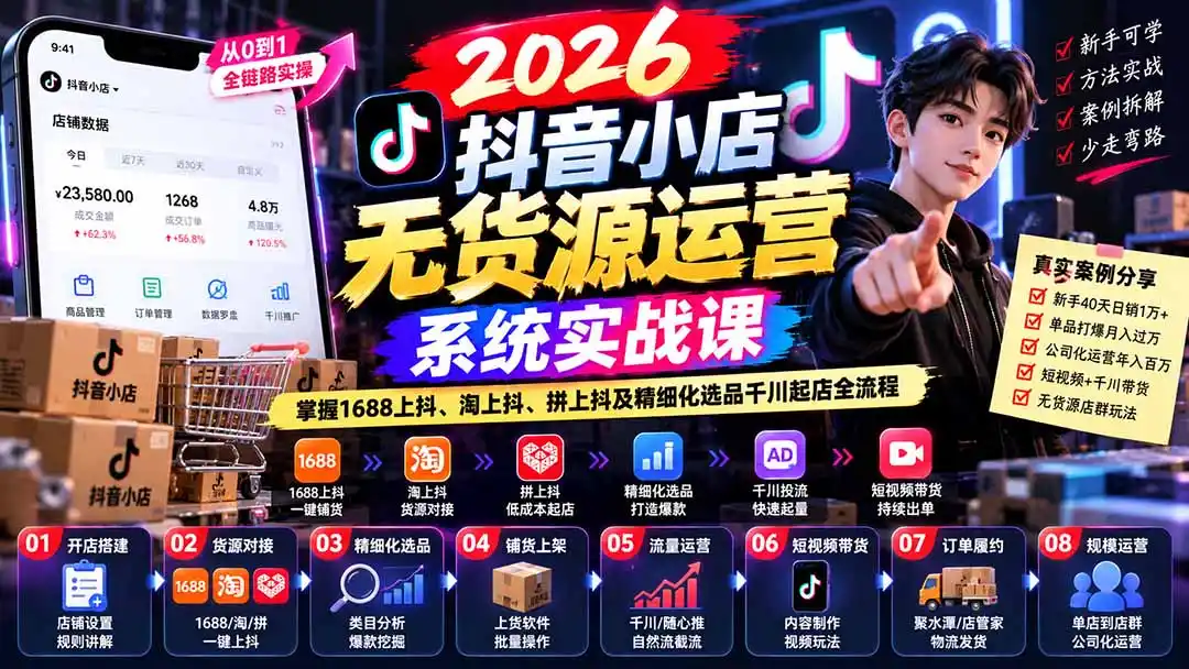 【无水印】2026抖音小店无货源运营系统实战课:掌握1688上抖、淘上抖、拼上抖及精细化选品千川起店全流程-二当家网创资源站