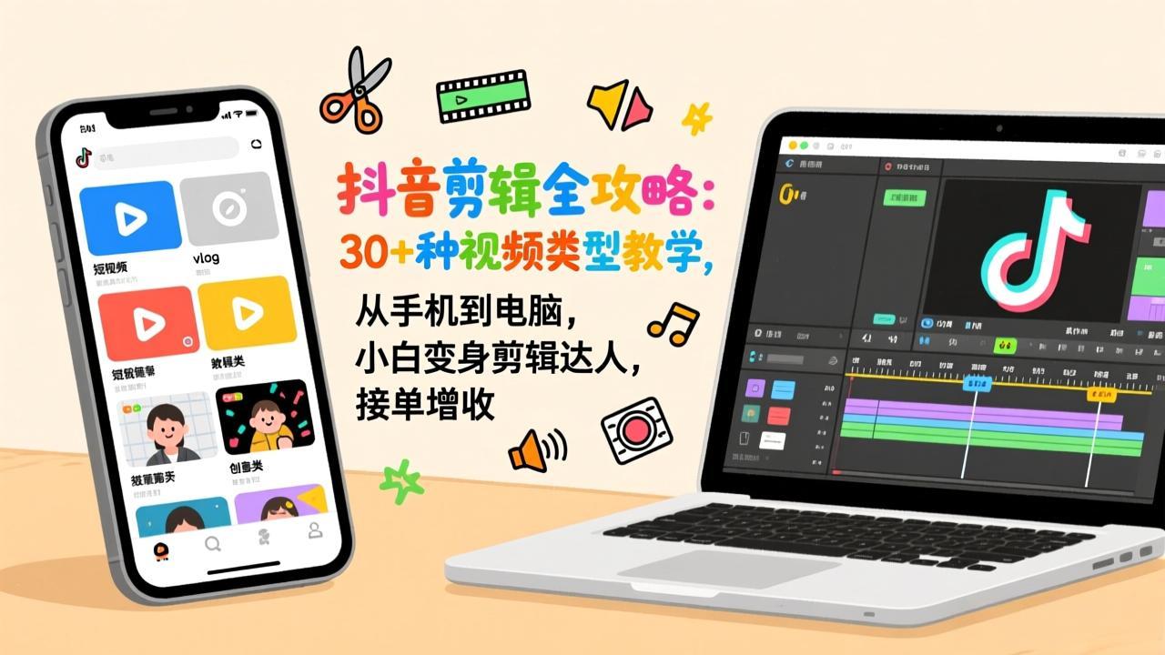 抖音剪辑全攻略：30+种视频类型教学，从手机到电脑，小白变身剪辑达人，接单增收-二当家网创资源站